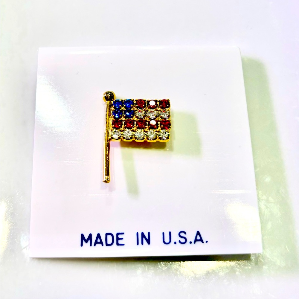 NWT Red White Blue Rhinestones Goldtone Flag Lapel Pin Made in USA Lord& Taylor